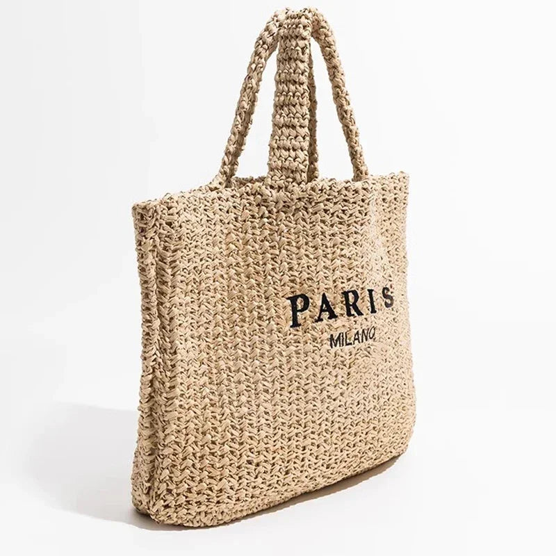 Woven straw tote bag with PARIS MILANO text, stylish accessory from Rovelli