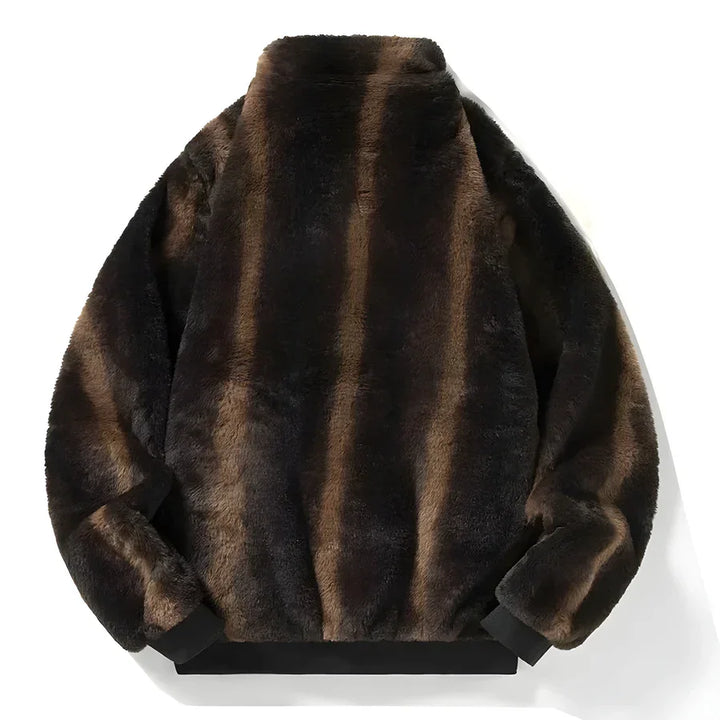 Rovelli dark brown faux fur jacket with black cuffs and striped pattern, laid flat