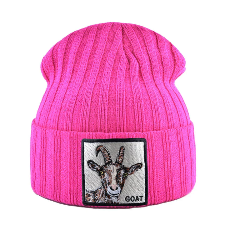 Pink knit beanie with goat patch, Rovelli winter hat, embroidered animal design