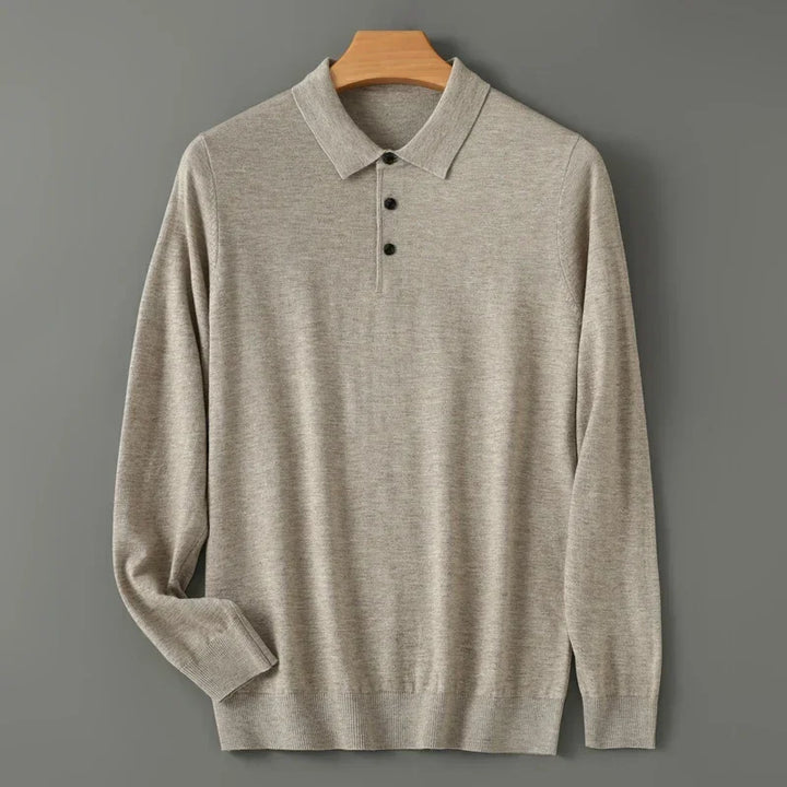 Rovelli light grey long sleeve knit polo shirt on wooden hanger against grey background