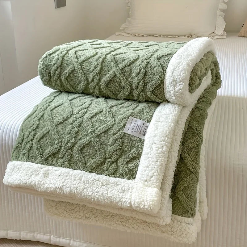 Green textured Rovelli fleece blanket with white trim on a neatly made bed