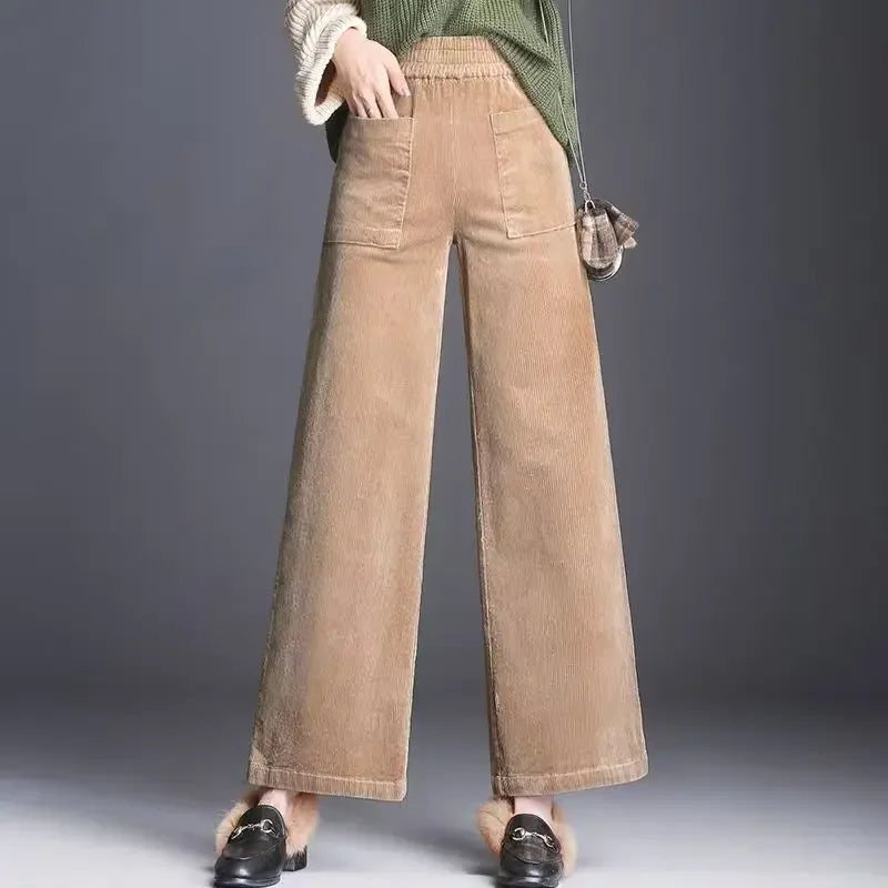Rovelli women's wide leg beige corduroy pants with front pockets, styled with loafers