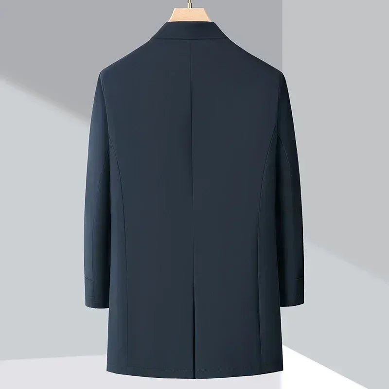 Rovelli dark navy men's blazer, back view, on hanger against a gray background