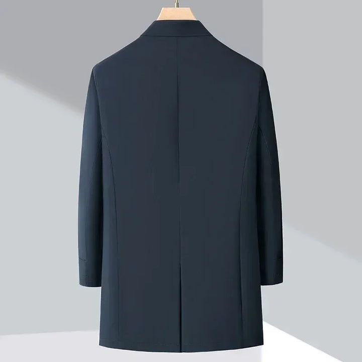 Rovelli dark navy men's blazer, back view, on hanger against a gray background