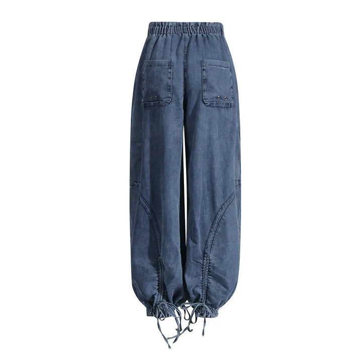Rovelli blue denim cargo pants with elastic waist, front pockets, and drawstring cuffs