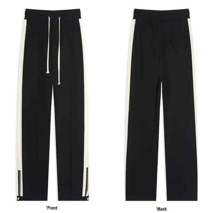 Rovelli black track pants with white side stripes, drawstring waist, front and back view