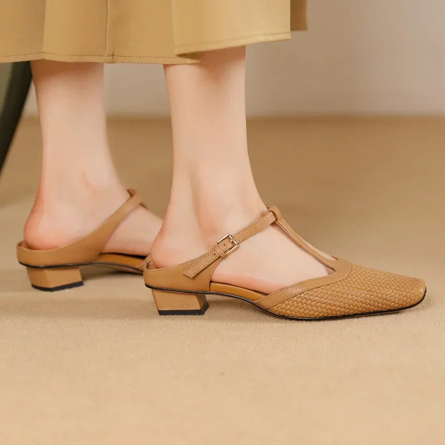 Rovelli beige low heel woven leather sandals with T-strap on woman indoors