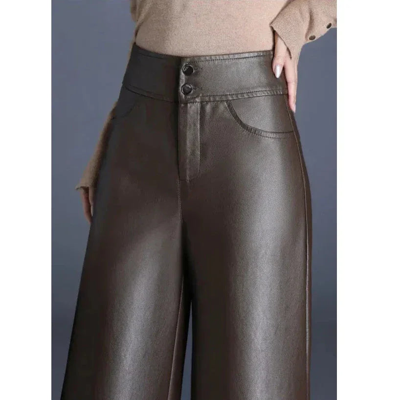Rovelli wide leg brown faux leather pants with high waist and button detail