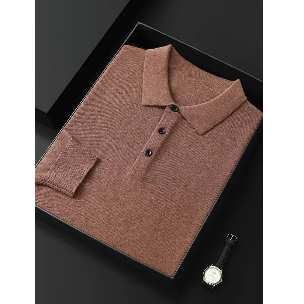 Rovelli brown knit polo shirt neatly folded in black box, classic watch beside on black surface