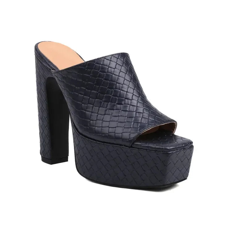 Rovelli black woven platform mule high heel shoe with open toe on white background