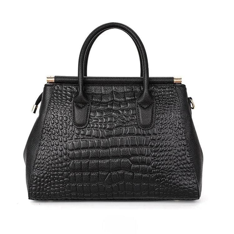 Rovelli black crocodile pattern leather handbag with dual handles on white background