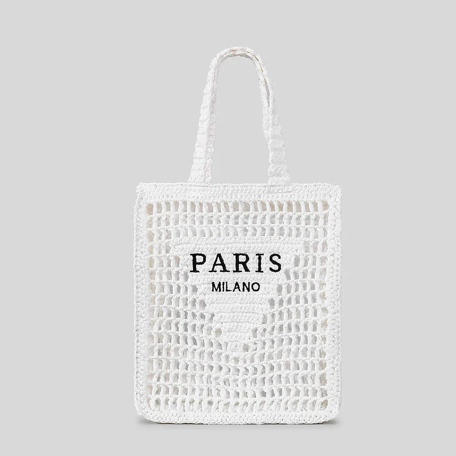 Rovelli white crochet tote bag with 'Paris Milano' text, minimalist background