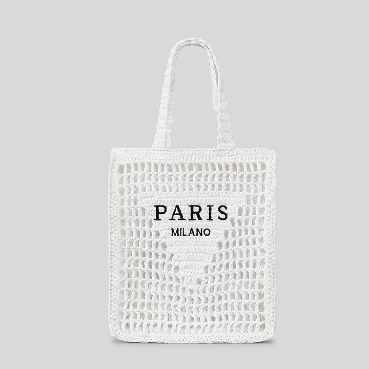 Rovelli white crochet tote bag with 'Paris Milano' text, minimalist background