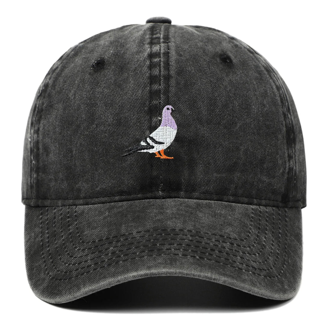 Rovelli black washed cap with embroidered pigeon graphic on front