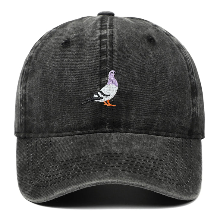 Rovelli black washed cap with embroidered pigeon graphic on front