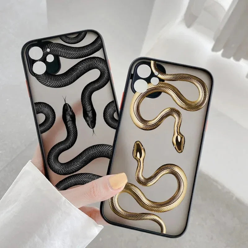 Rovelli phone cases with black and gold snake designs, modern stylish accessories