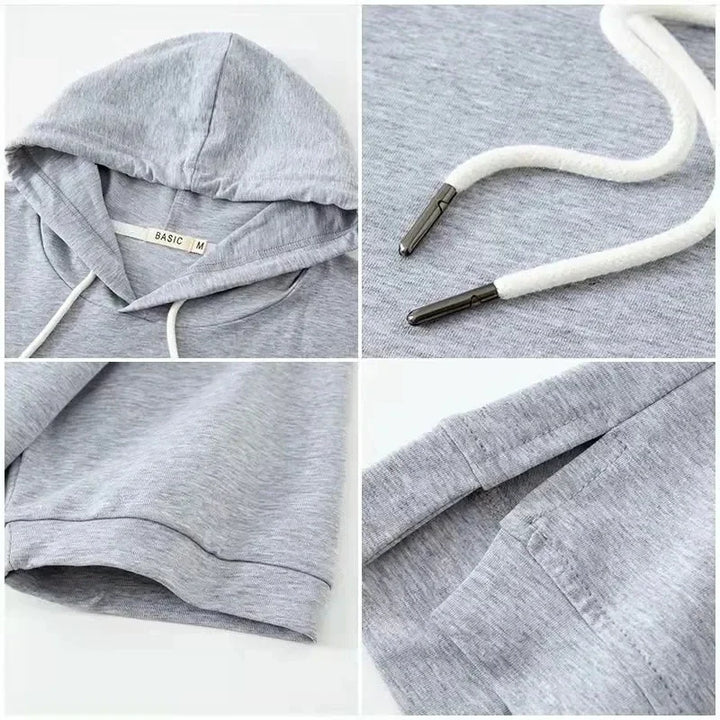 Rovelli light grey hoodie details with drawstring, hood, sleeve, and pocket close-ups