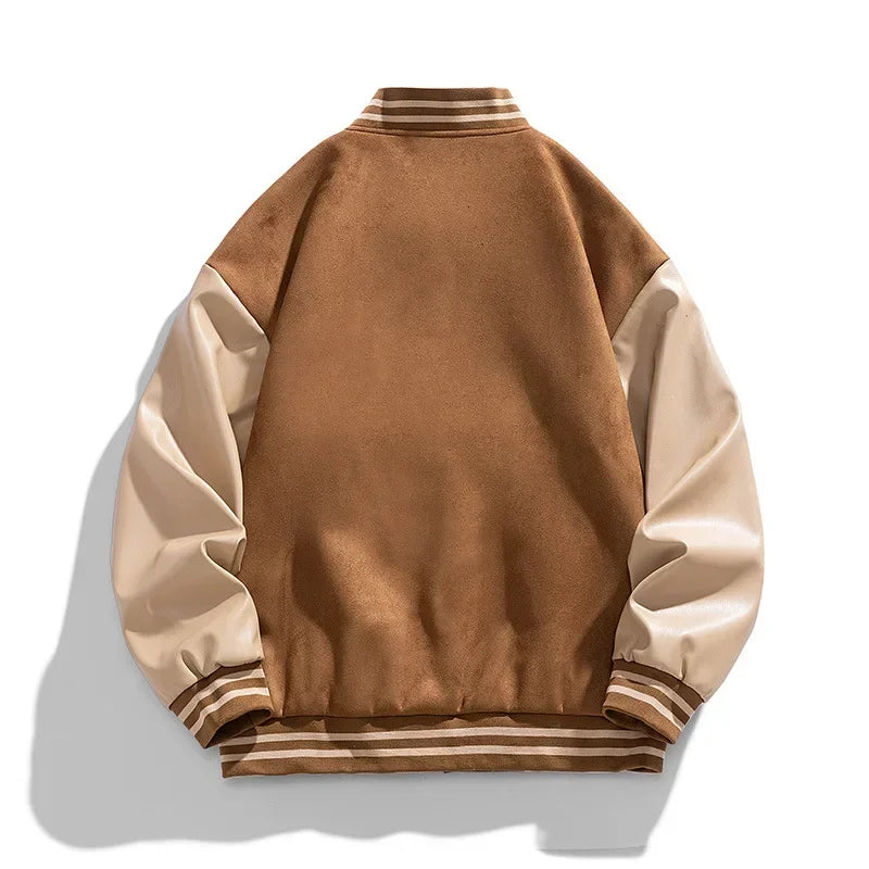 Rovelli tan varsity jacket with beige leather sleeves and striped ribbed cuffs