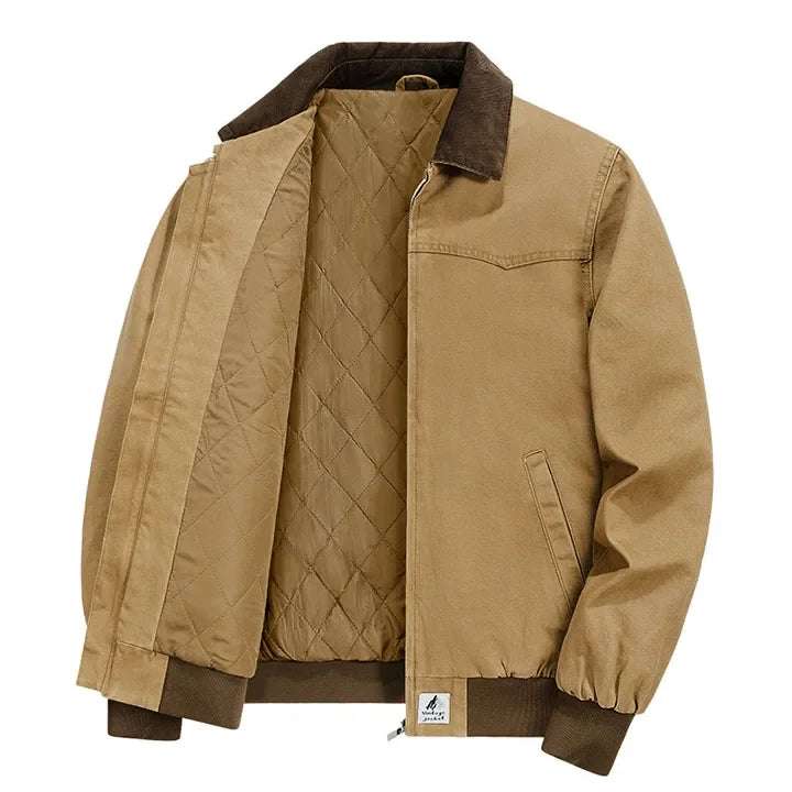 Rovelli tan quilted bomber jacket with brown collar and ribbed cuffs