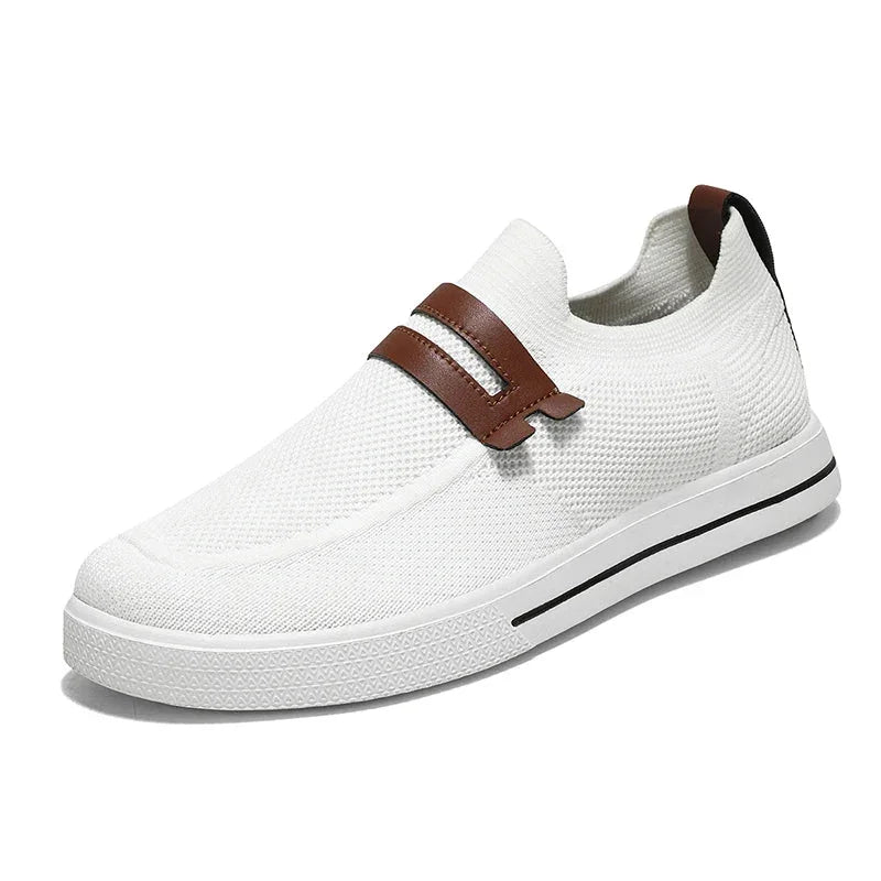 Rovelli white knit slip-on sneaker with brown leather strap and white sole