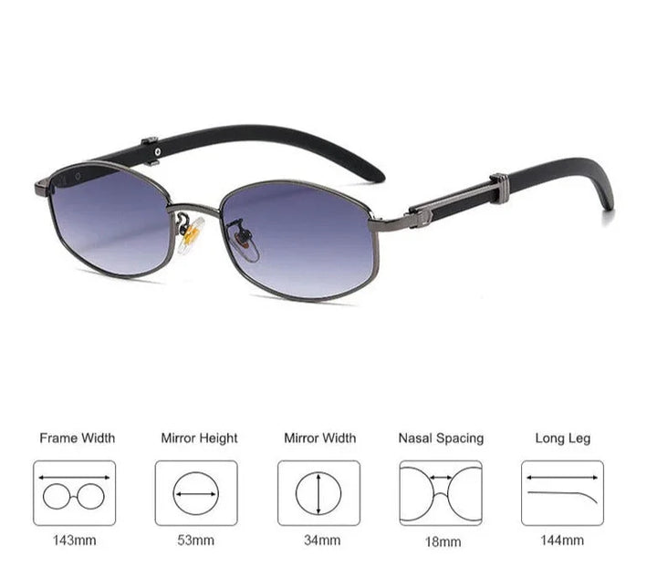 Rectangular, vintage-inspired sunglasses with dark gradient lenses and black arms offer UV400 protection. Displayed on white, a diagram details dimensions: frame width 143mm, mirror height 53mm, mirror width 34mm, nasal spacing 18mm, leg 144mm.