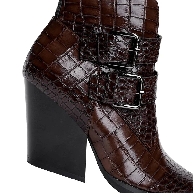 Rovelli brown crocodile pattern ankle boot with double buckle and block heel