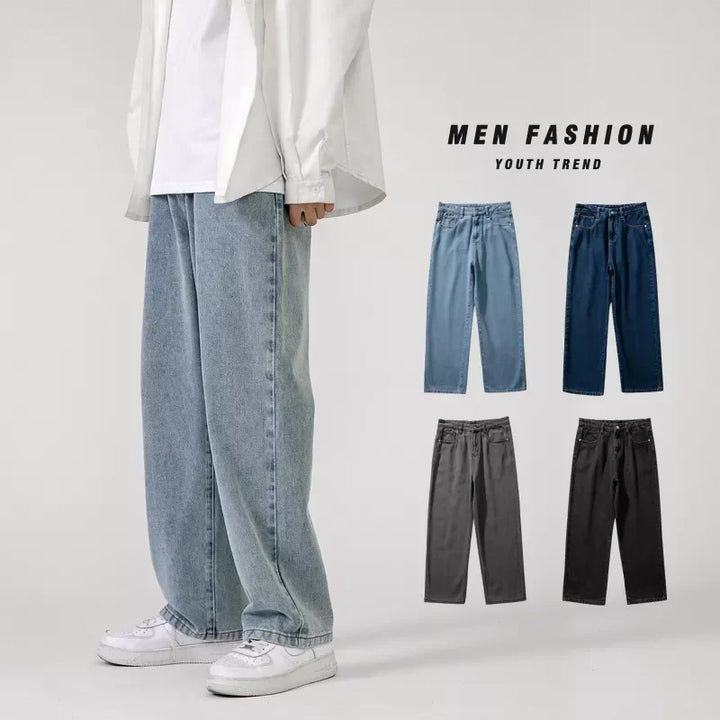 A person in relaxed fit jeans—loose-fitting light blue denim, a white shirt, and white sneakers—stands next to images of five wide-leg jeans in vintage wash shades. Text reads MEN FASHION YOUTH TREND.