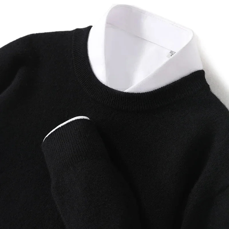 Black crew neck sweater with white dress shirt collar, Rovelli classic layered look