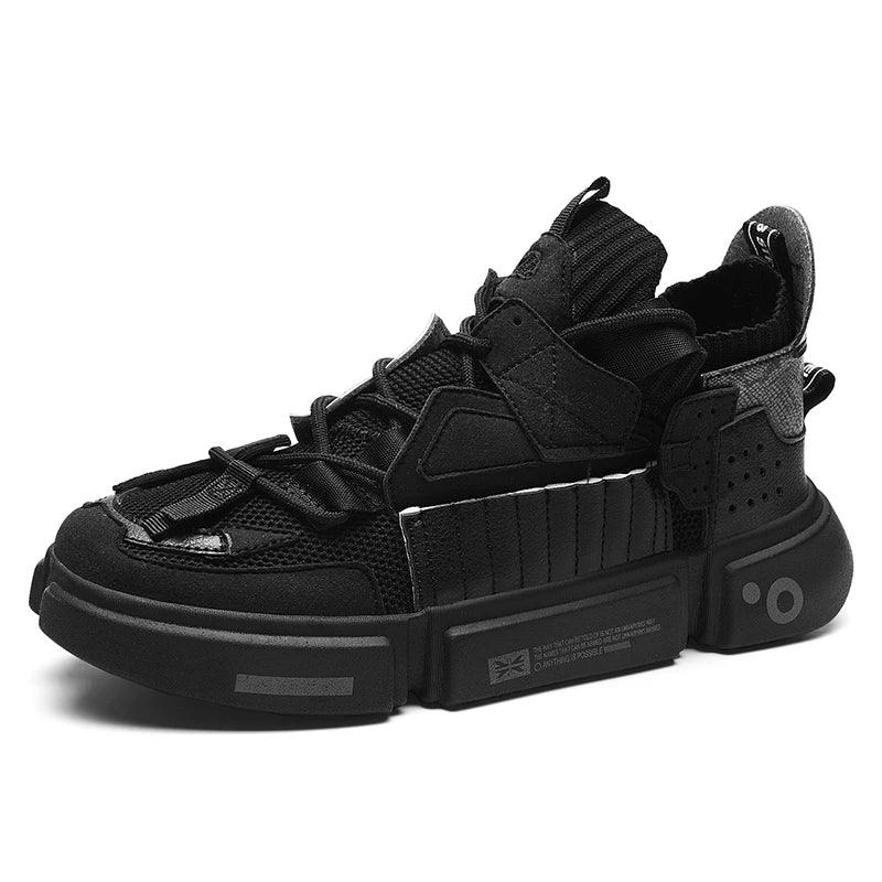 A modern, black sneaker with a chunky sole and mesh upper, the Extreme VS7 Sneakers feature unique geometric details, thick laces, and small printed text on the midsole—perfect streetwear sneakers for a futuristic look.