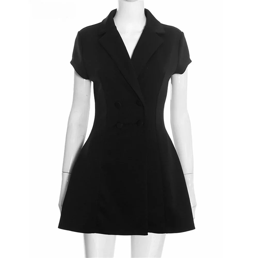 Rovelli black short sleeve blazer dress on mannequin, button front, tailored fit