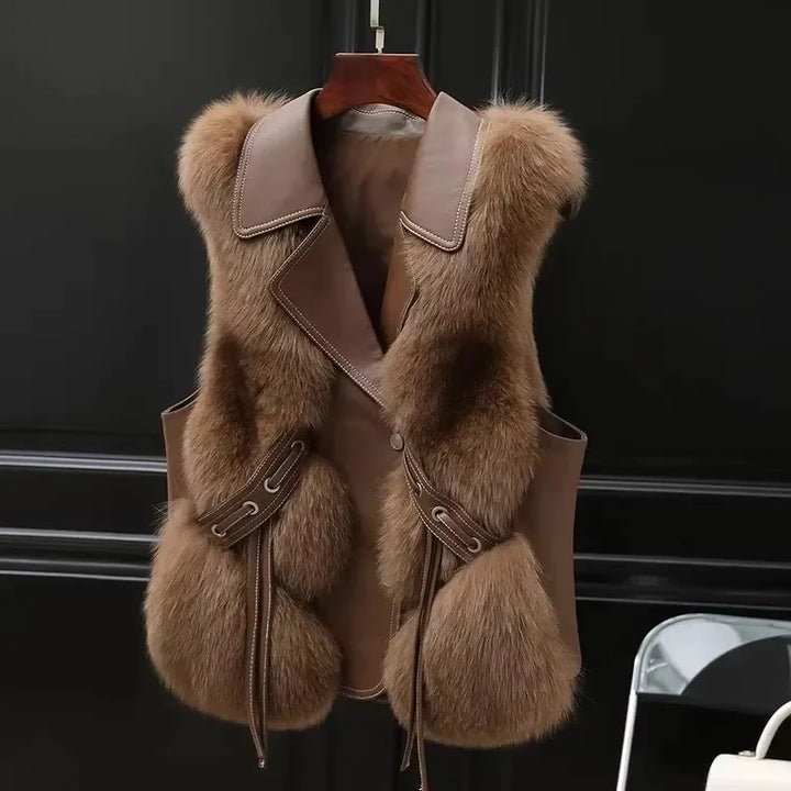 Rovelli brown faux fur vest with leather trim hanging on wooden hanger against black wall
