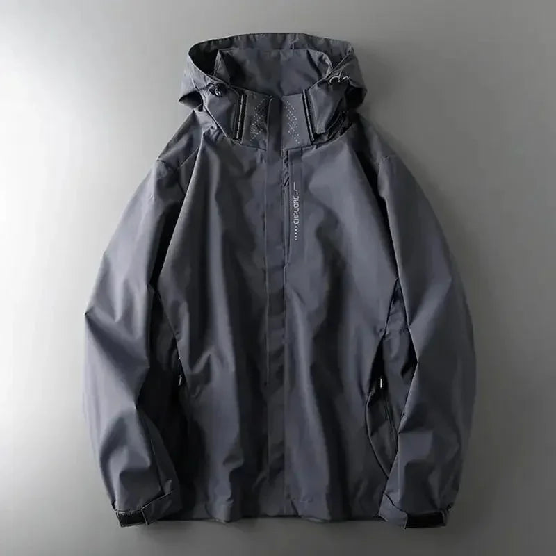 Rovelli dark gray waterproof hooded jacket with front zipper on neutral background