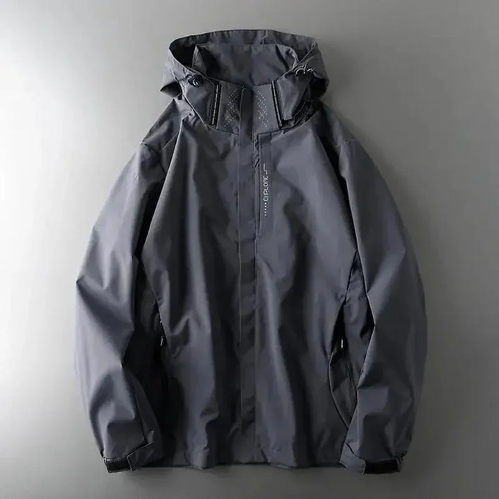 Rovelli dark gray waterproof hooded jacket with front zipper on neutral background