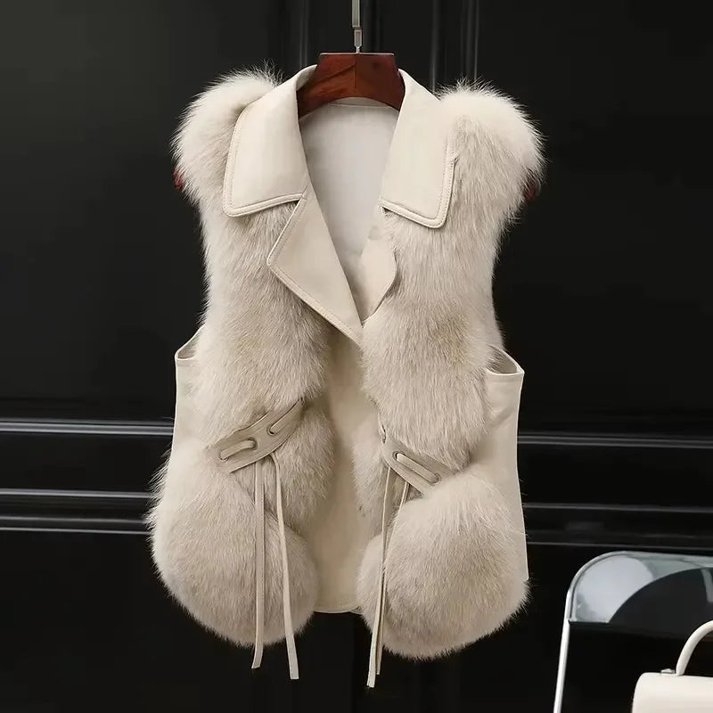 Rovelli beige faux fur vest with wide collar, sleeveless, hung on a hanger