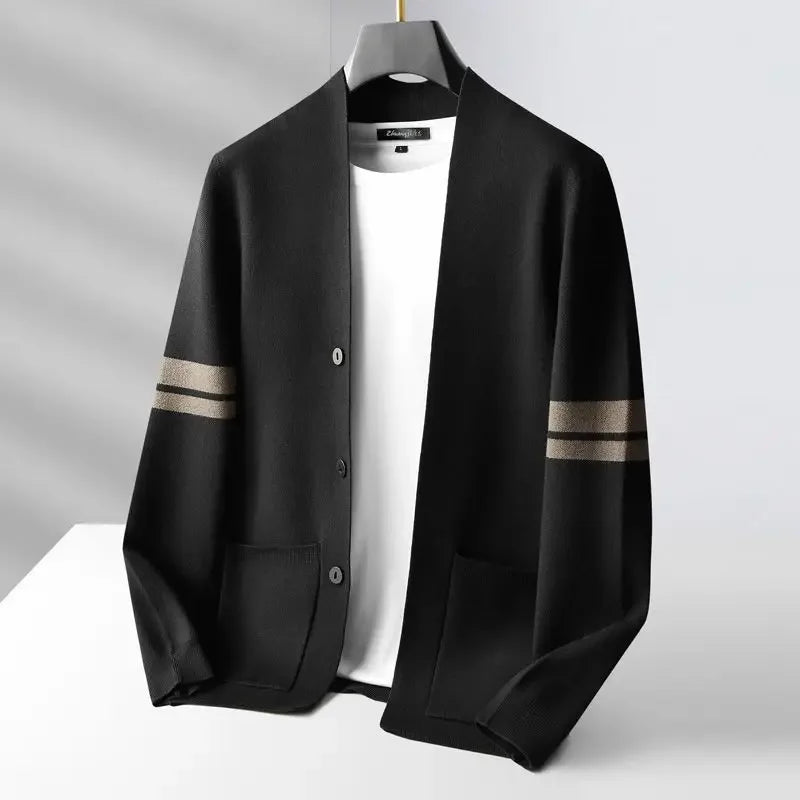 Rovelli black cardigan with striped sleeves and front pockets on hanger