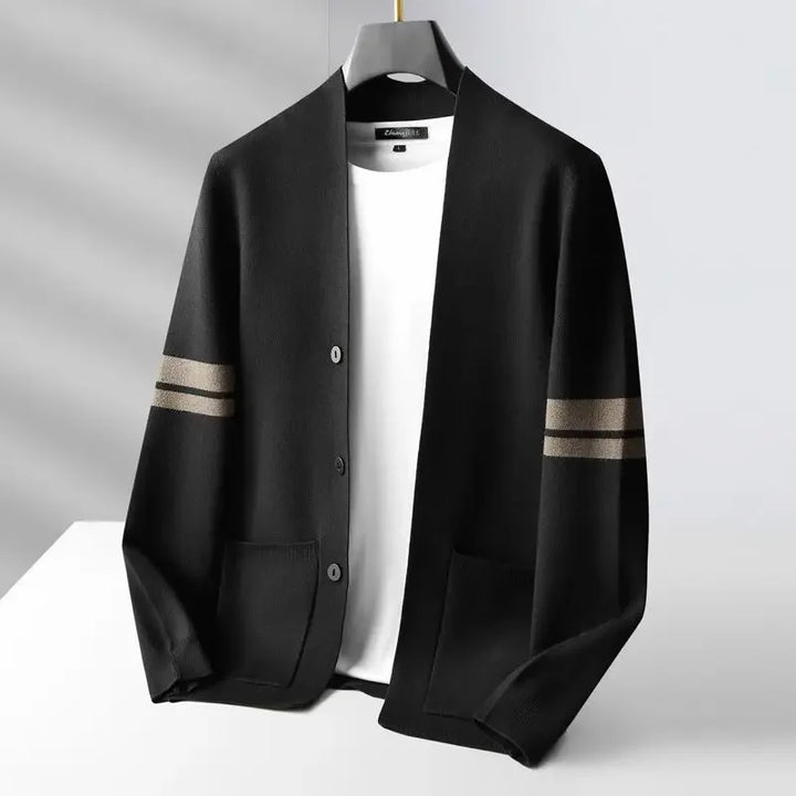 Rovelli black cardigan with striped sleeves and front pockets on hanger