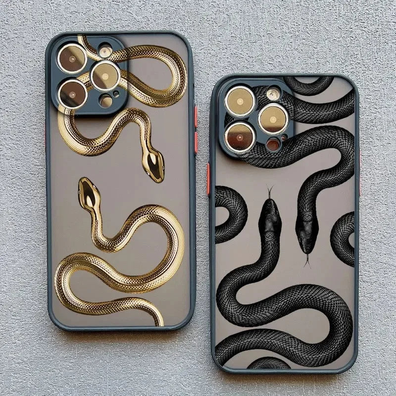 Rovelli iPhone cases with gold and black snake designs on textured surface