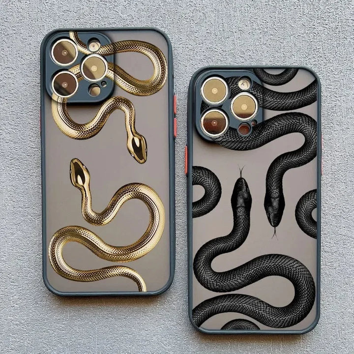 Rovelli iPhone cases with gold and black snake designs on textured surface