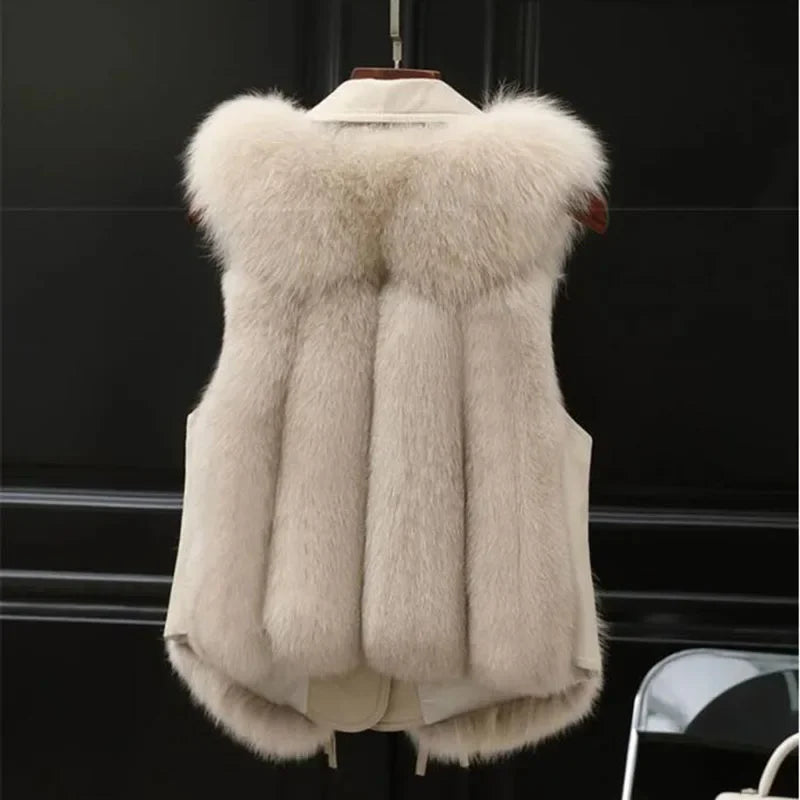 Rovelli beige faux fur vest with thick collar, hanging on black background