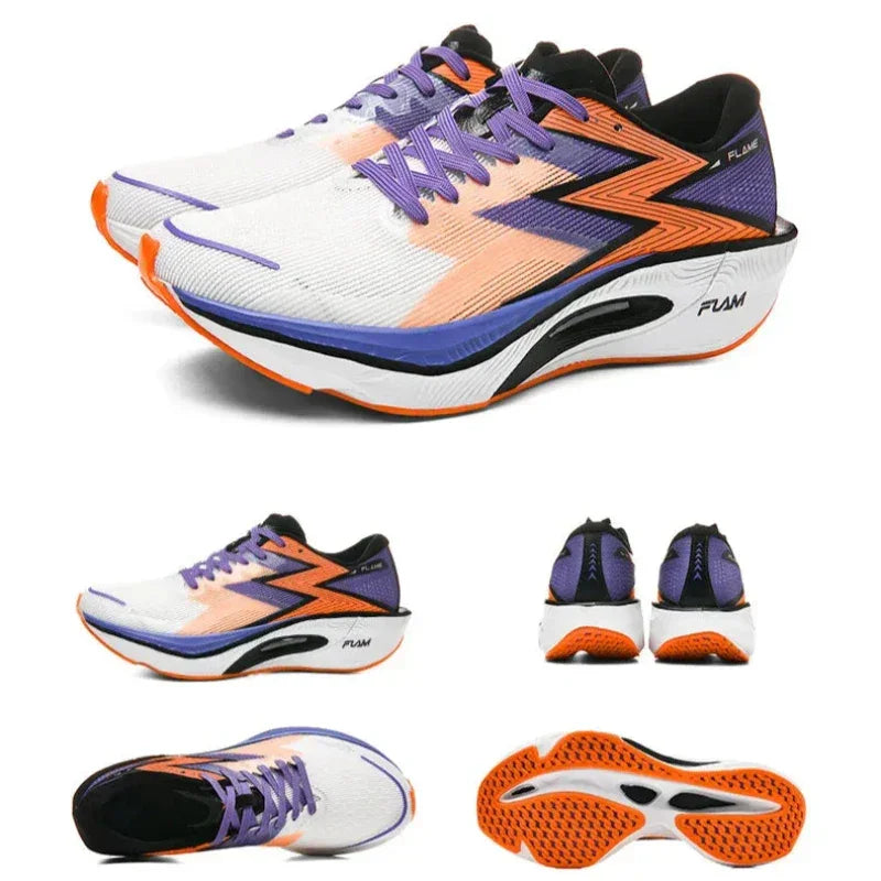 A pair of white running shoes with purple laces, orange and black accents, ultra-lightweight design, shock-absorbing sole, and orange tread are shown from multiple angles including side, back, top, and bottom views.