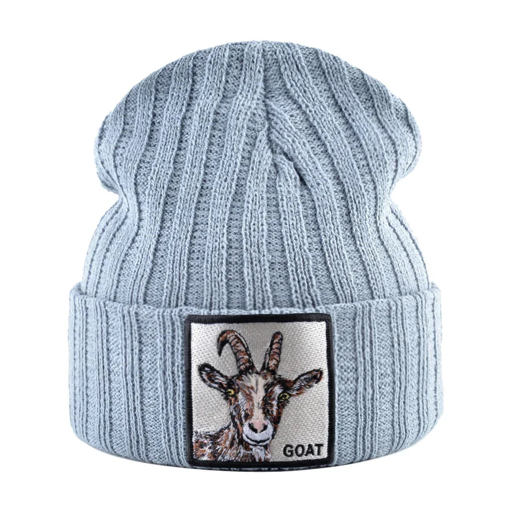 Light gray knit beanie with goat patch, Rovelli winter hat, embroidered animal design