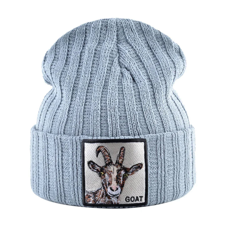 Light gray knit beanie with goat patch, Rovelli winter hat, embroidered animal design