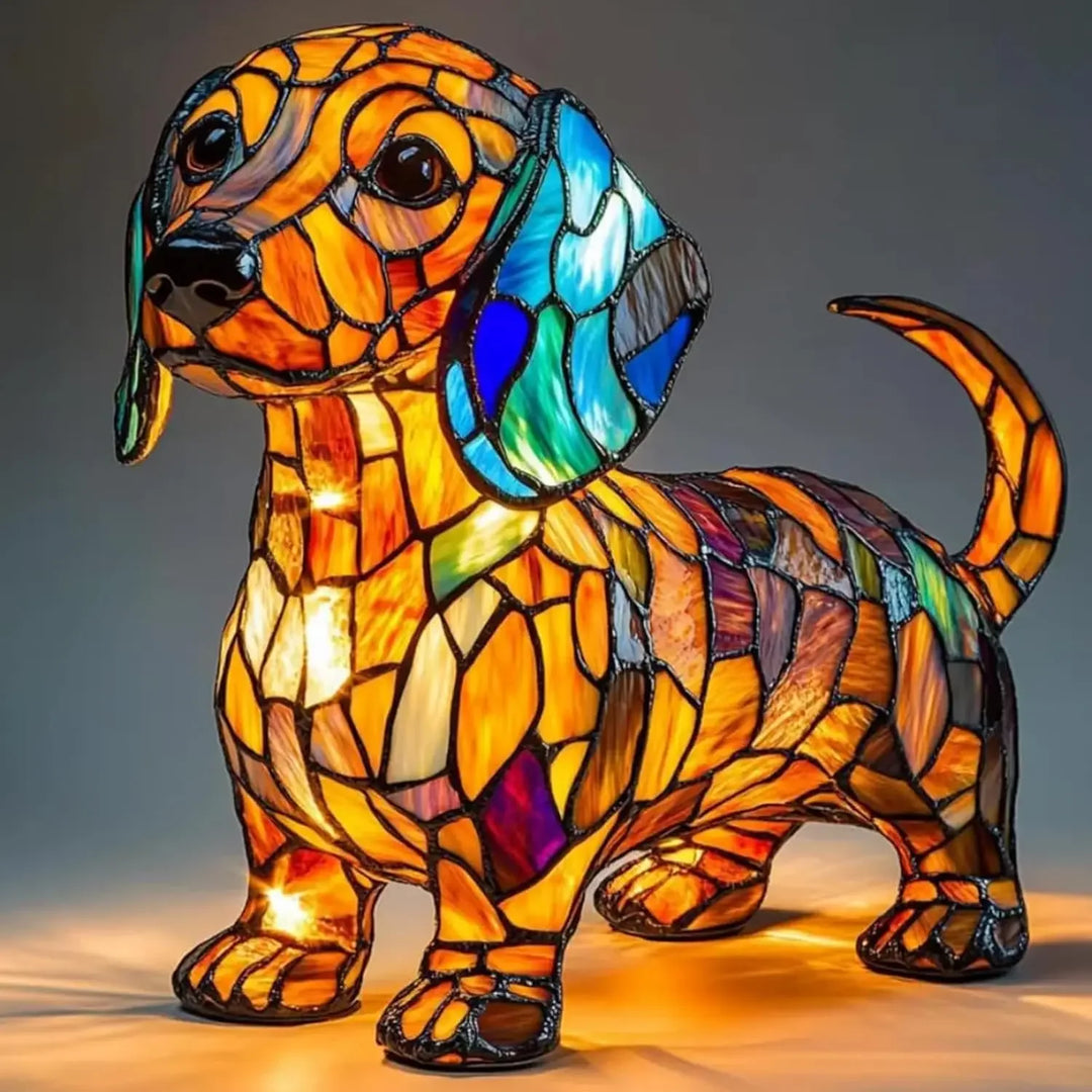 Colorful stained glass dog lamp with blue and orange mosaic design, Rovelli home decor