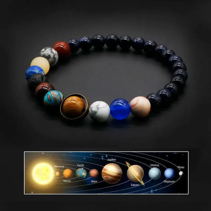 Rovelli solar system bracelet with planetary beads on black background, astronomy jewelry
