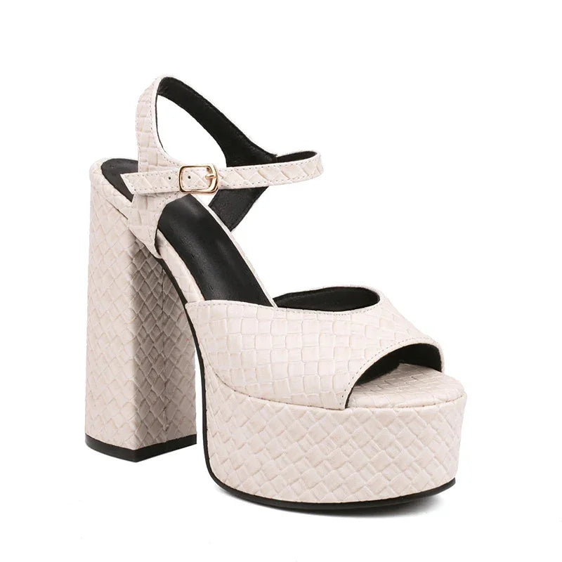 Rovelli cream platform high heel sandal with textured pattern and ankle strap