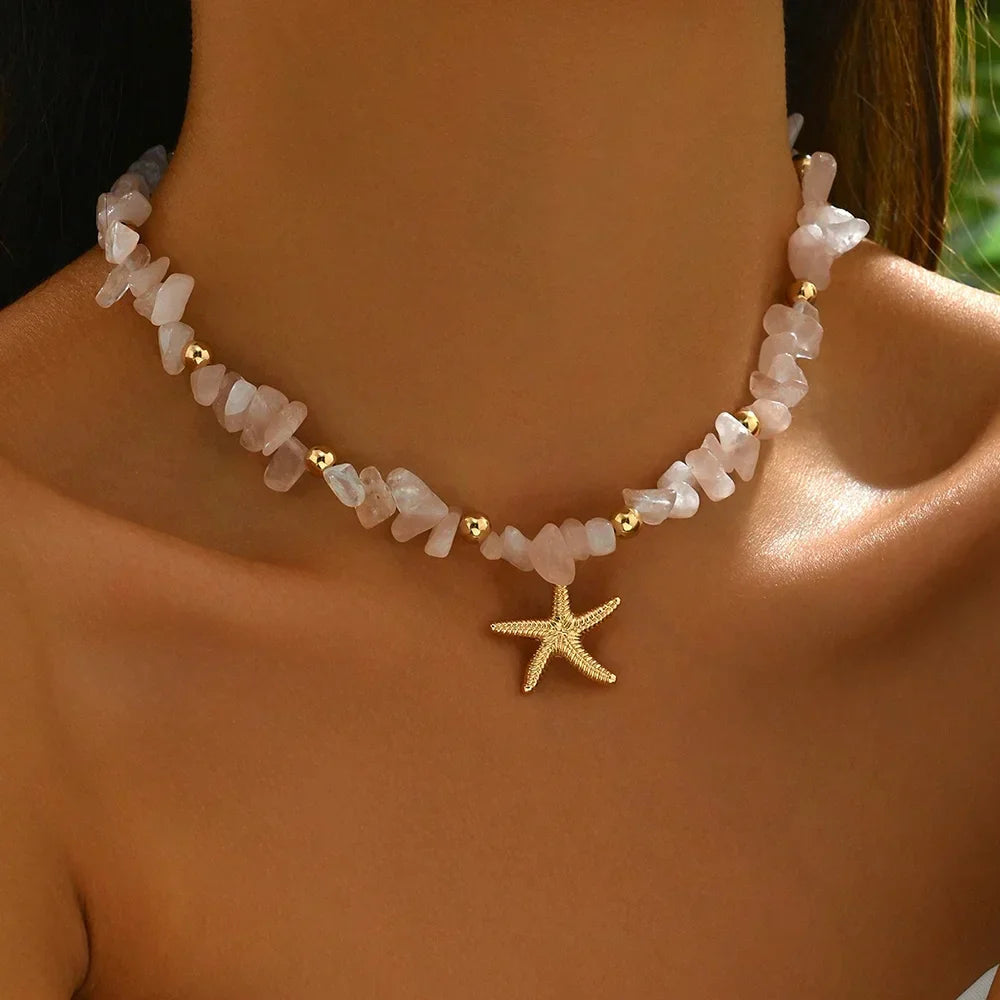 Rose quartz chip beaded choker with gold starfish pendant from Rovelli jewelry