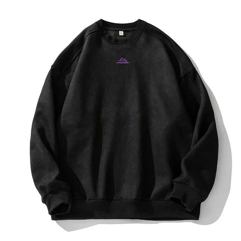 Rovelli black crewneck sweatshirt with small purple mountain logo on chest