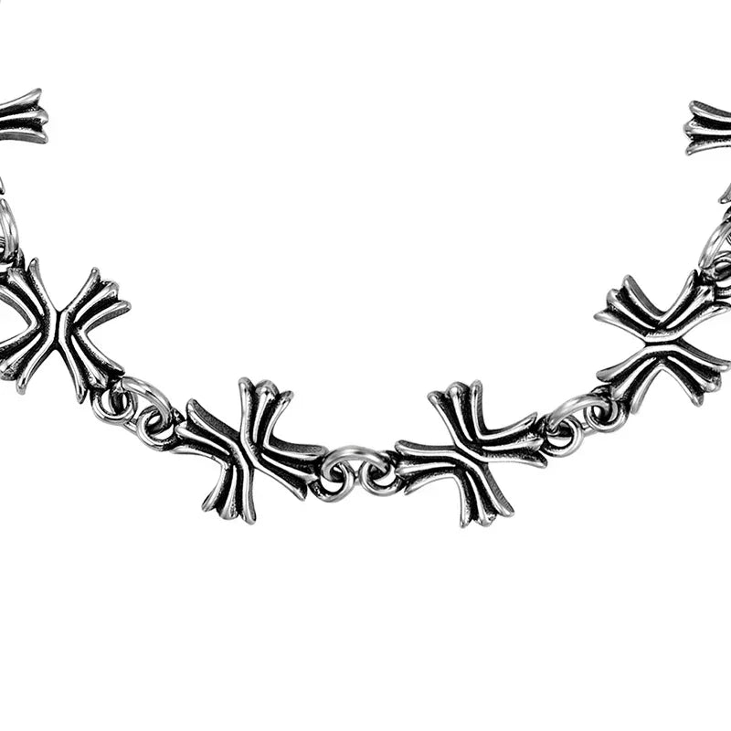 Rovelli silver cross link chain bracelet with polished gothic design on white background