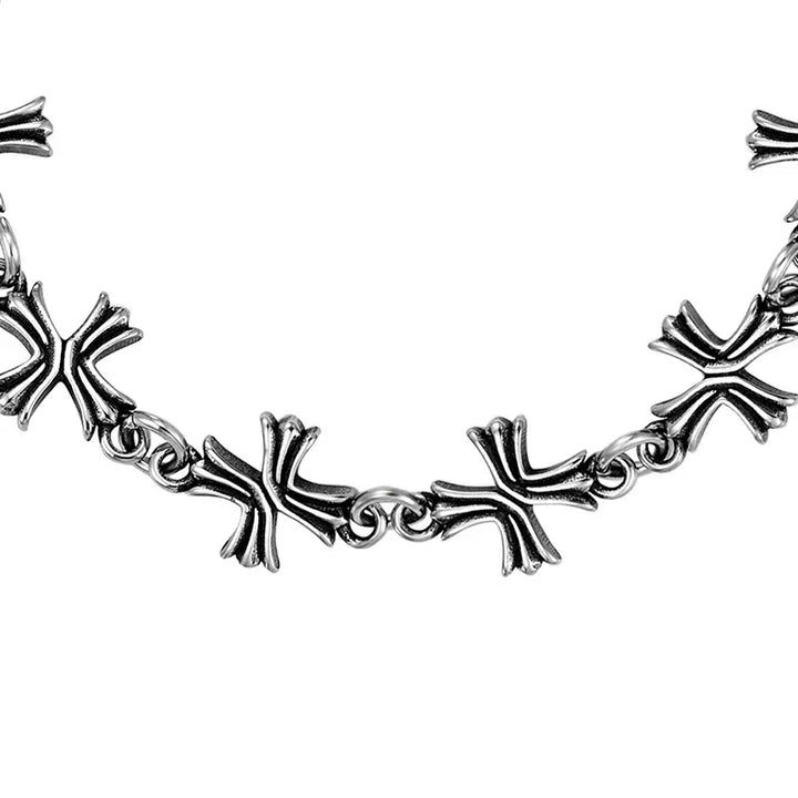 Rovelli silver cross link chain bracelet with polished gothic design on white background