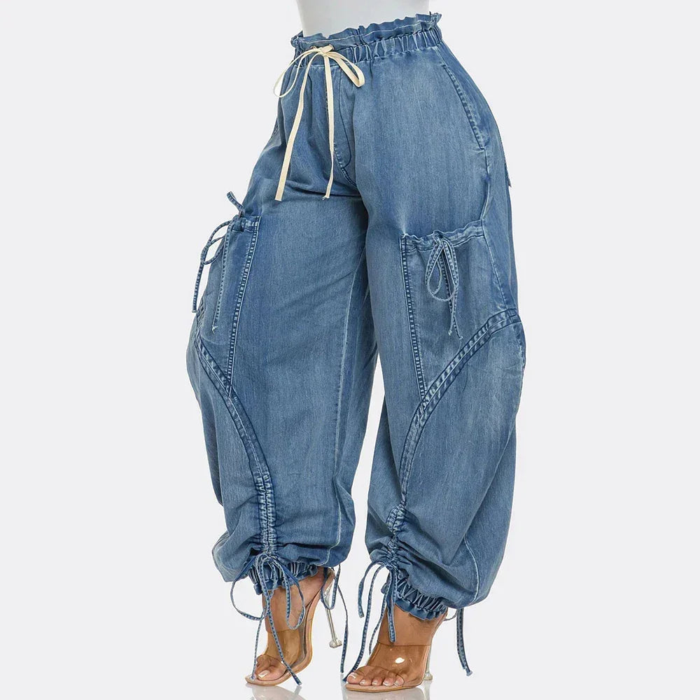 Rovelli baggy denim jeans with drawstring waist and ankles, side pockets, on model